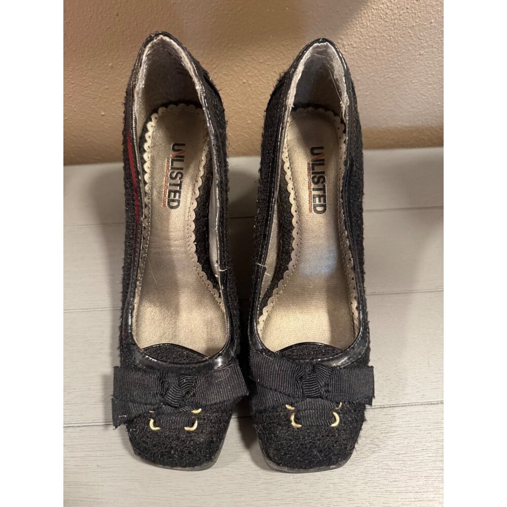 Kenneth Cole Unlisted Heels Black boucle with bow square Toe Womans 6